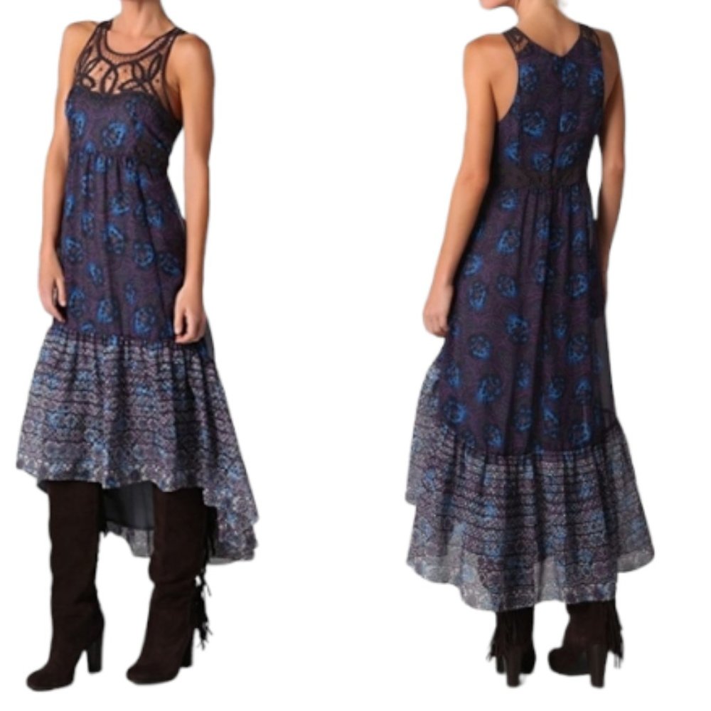 Free People Native Rose Crochet Floral Maxi Dress Blue Hi Low Hem Chiffon Sz 0